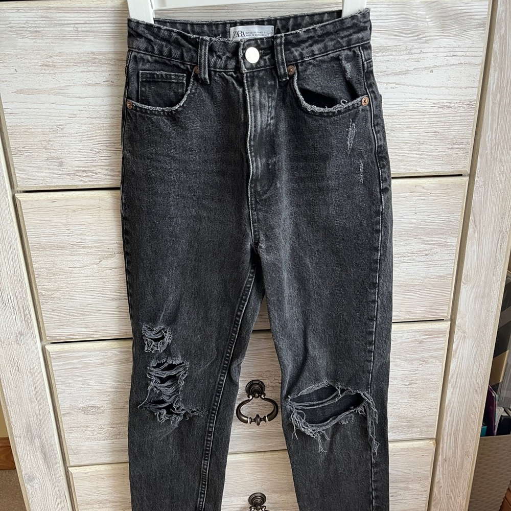 Zara High Rise Black Distressed Jeans